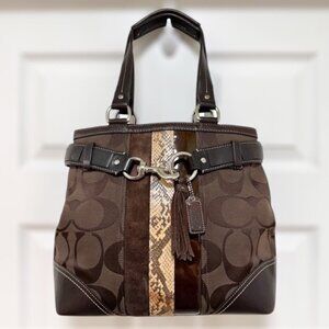 Coach Hamptons Brown Signature Jacquard Suede/Python/Patent Stripe Tote Y2K